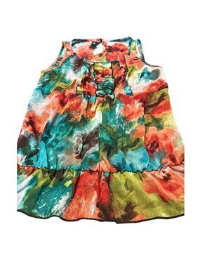Women Multi Color Abstract Floral Ruffle Sleeveless Blouse Chiffon Top S